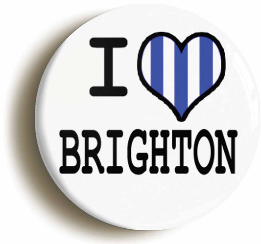 A picture of the front of the product, titled I Heart Love Brighton Button Pin Badge