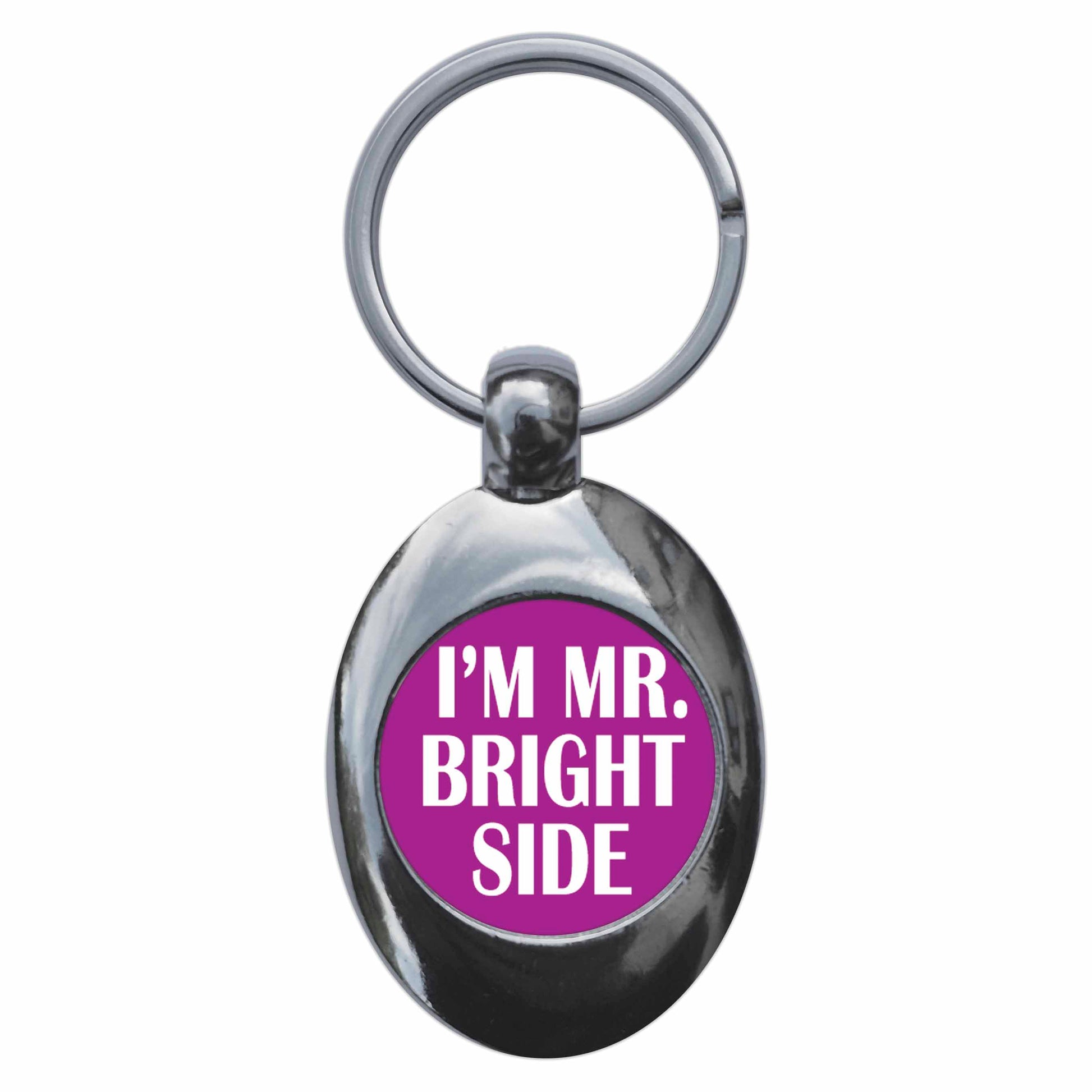 A picture of the front of the product, titled I'm Mr Brightside Metal Keyring With Trolley Coin