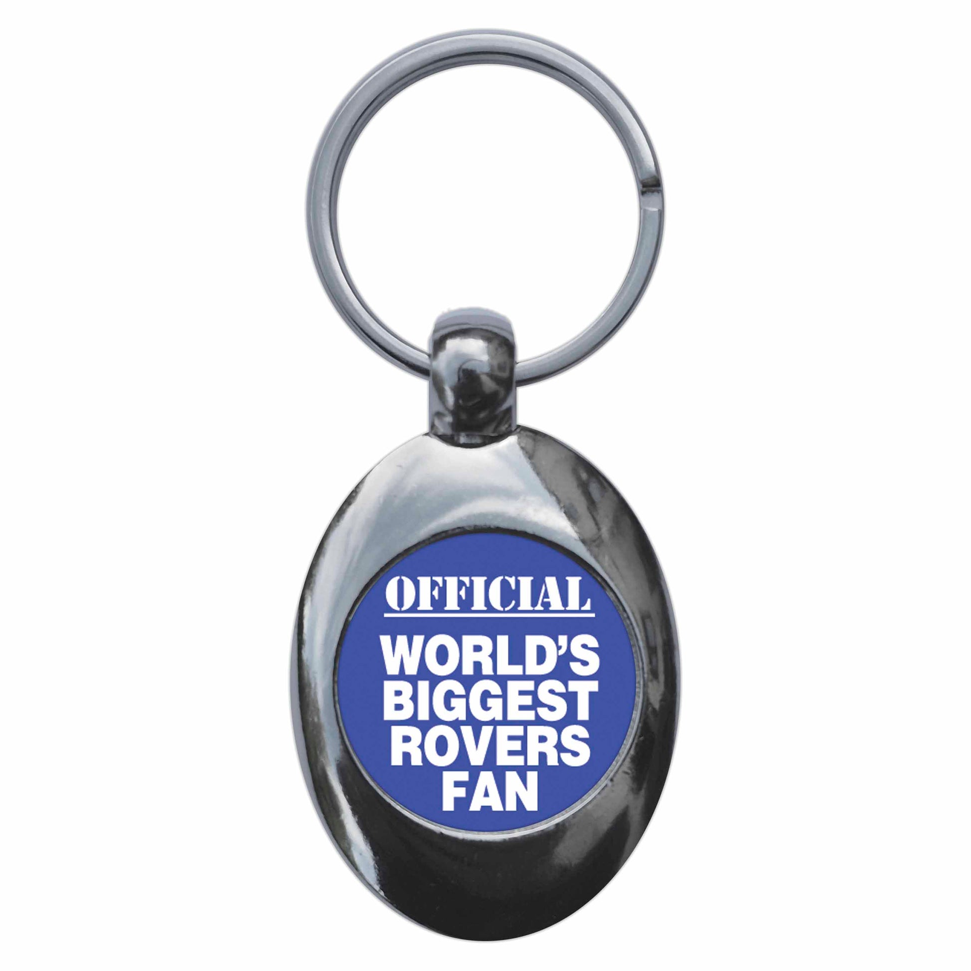 A picture of the front of the product, titled World's Biggest Rovers Fan Metal Keyring With Trolley Coin