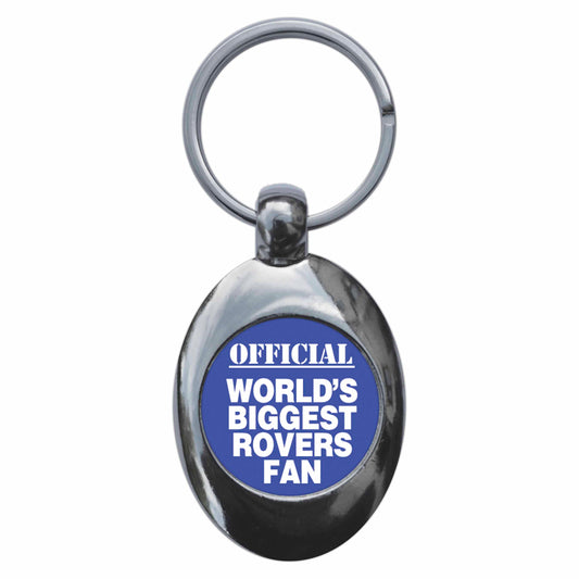 A picture of the front of the product, titled World's Biggest Rovers Fan Metal Keyring With Trolley Coin