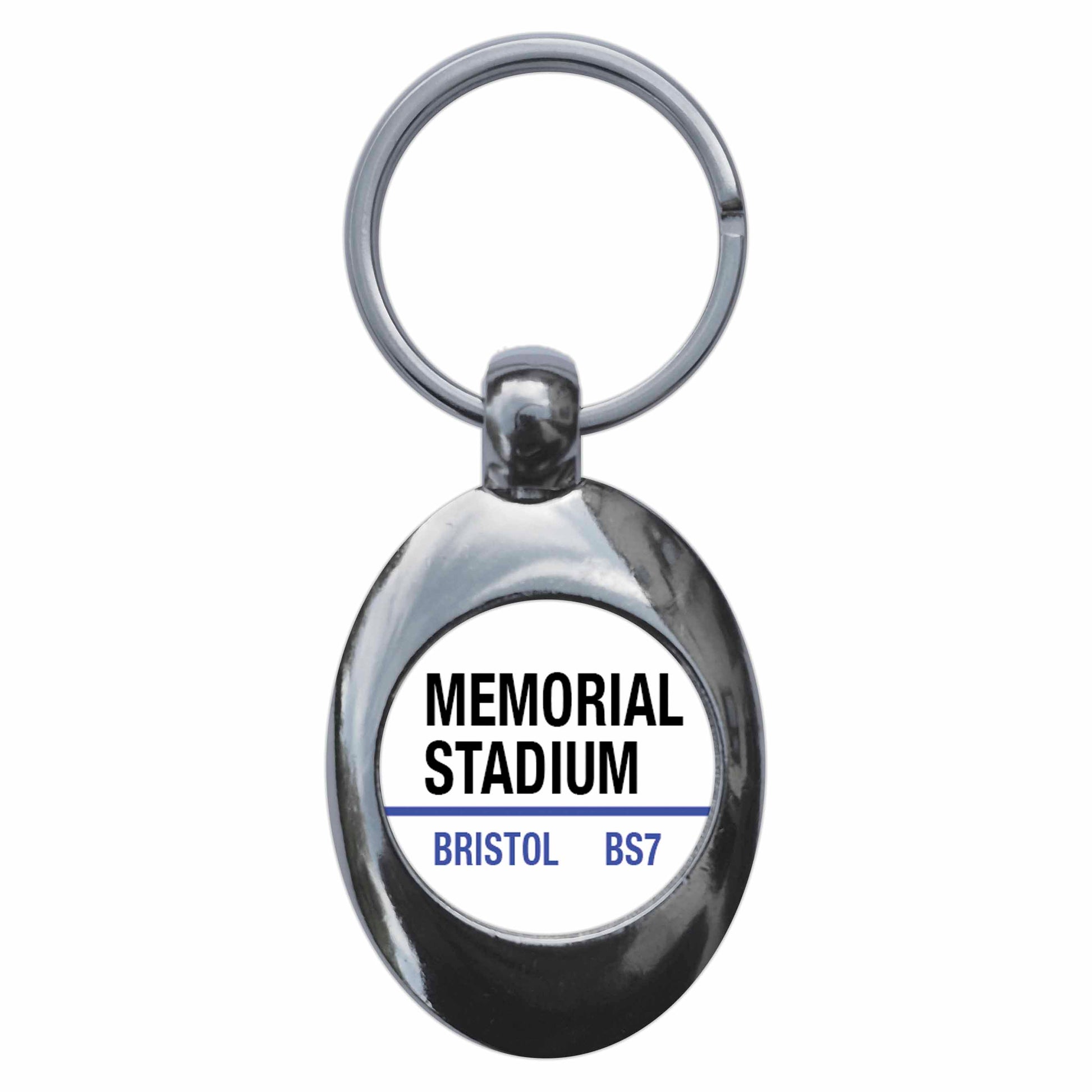 A picture of the front of the product, titled Memorial Stadium BS7 Bristol Road Sign Metal Keyring With Trolley Coin