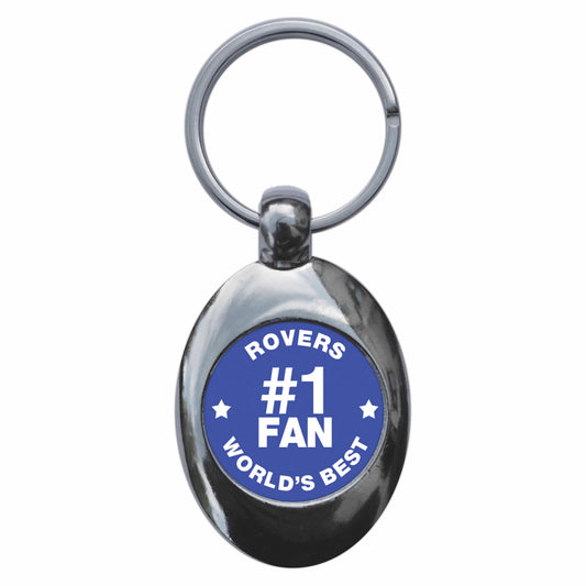 A picture of the front of the product, titled Rovers #1 Fan Metal Keyring With Trolley Coin