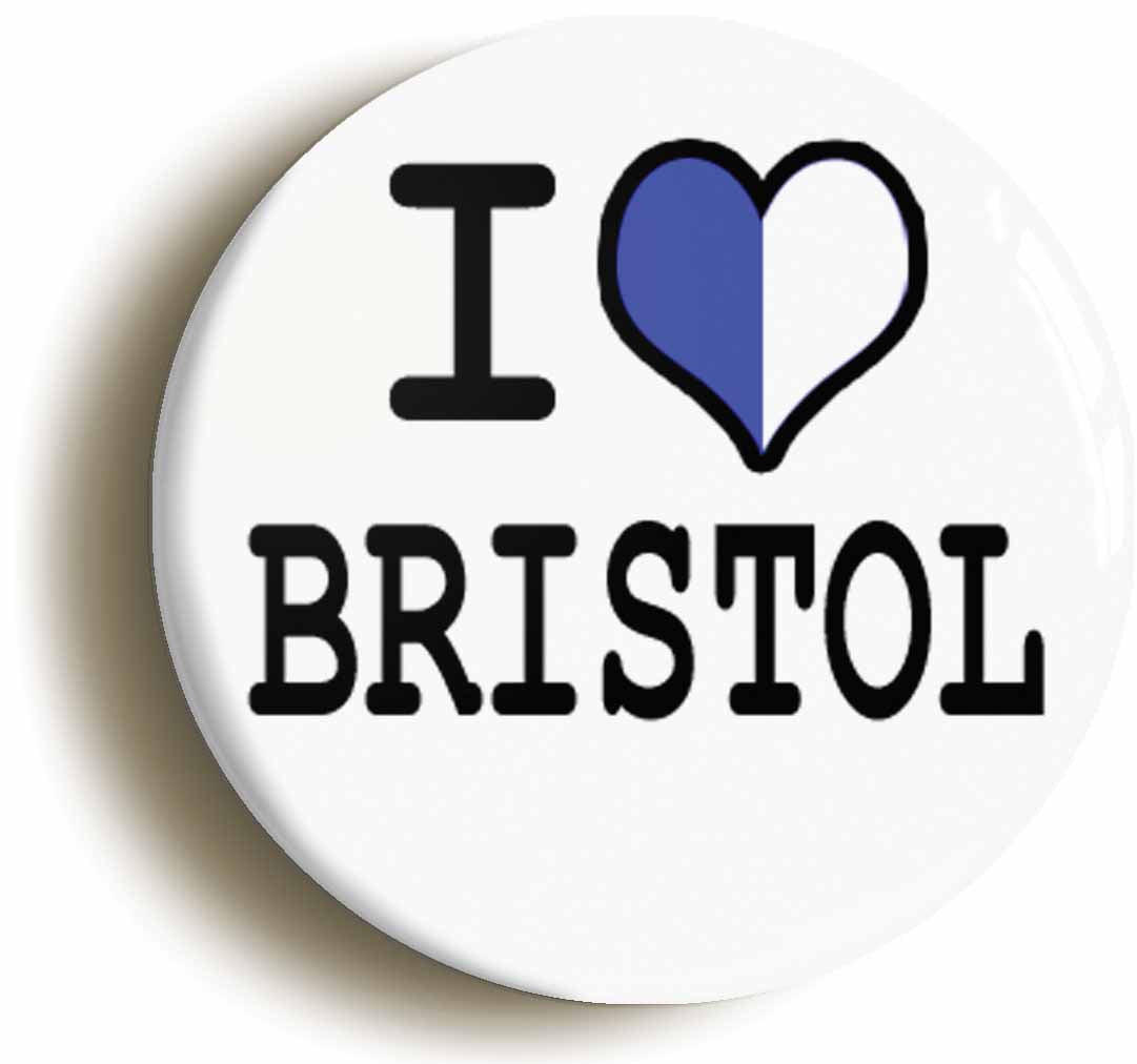 A picture of the front of the product, titled I Heart Love Bristol Button Pin Badge