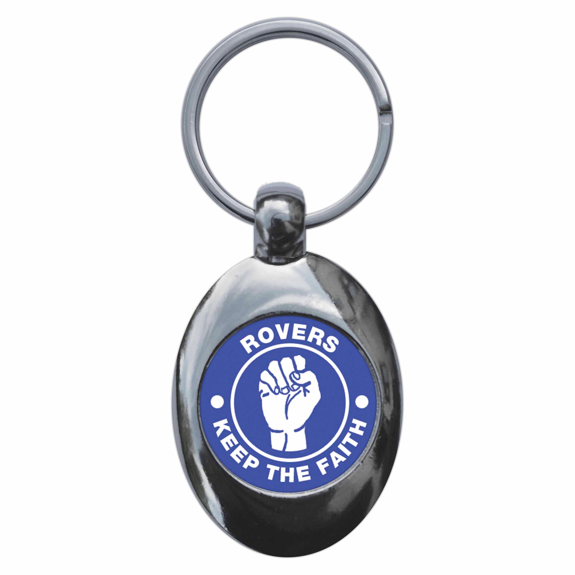 A picture of the front of the product, titled Rovers Keep The Faith Northern Soul Metal Keyring With Trolley Coin