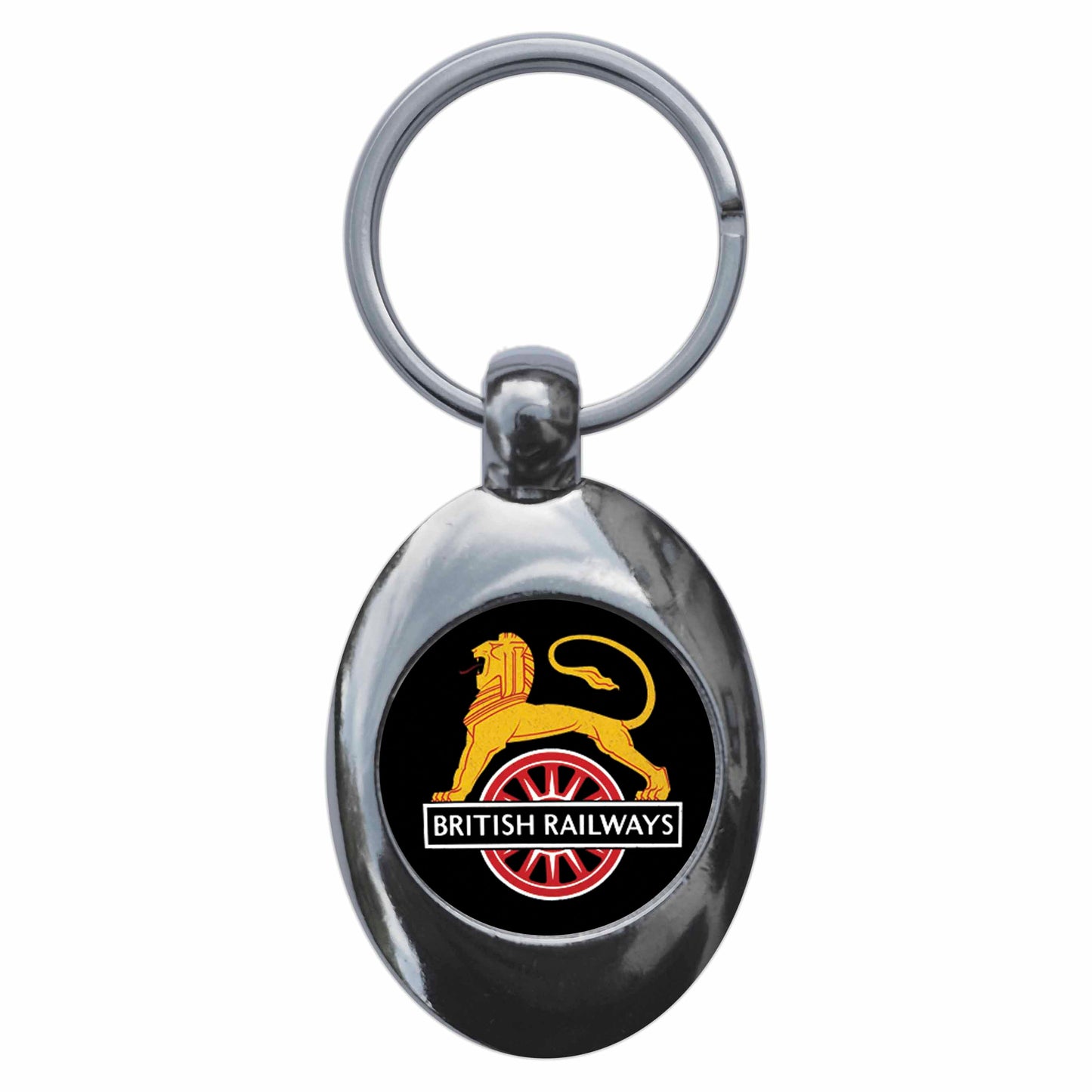 A picture of the front of the product, titled British Rail Lion And Wheel Retro Logo Metal Keyring With Trolley Coin