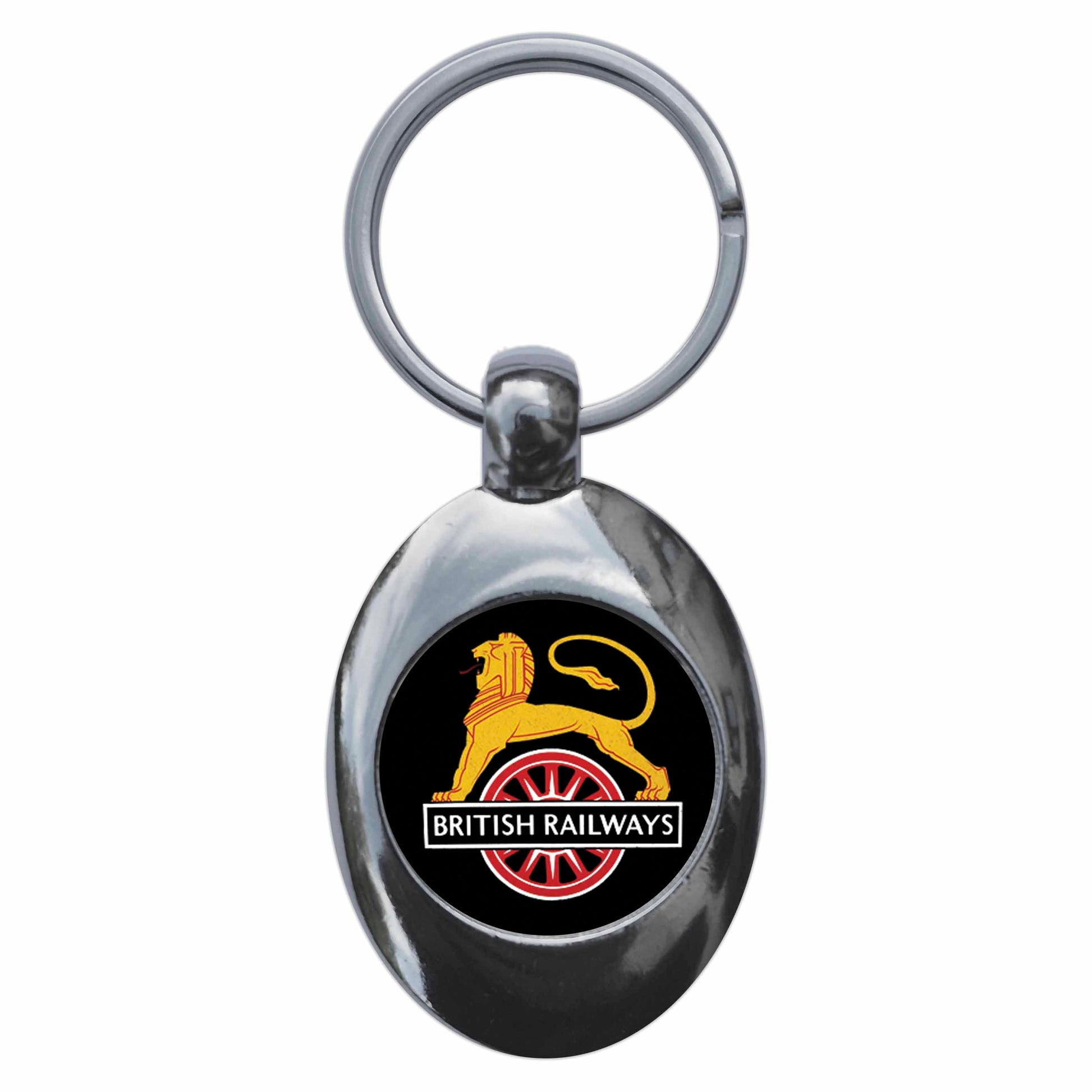 A picture of the front of the product, titled British Rail Lion And Wheel Retro Logo Metal Keyring With Trolley Coin