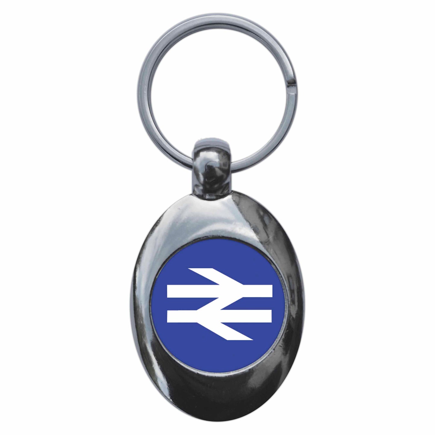 A picture of the front of the product, titled British Rail Blue Logo Metal Keyring With Trolley Coin