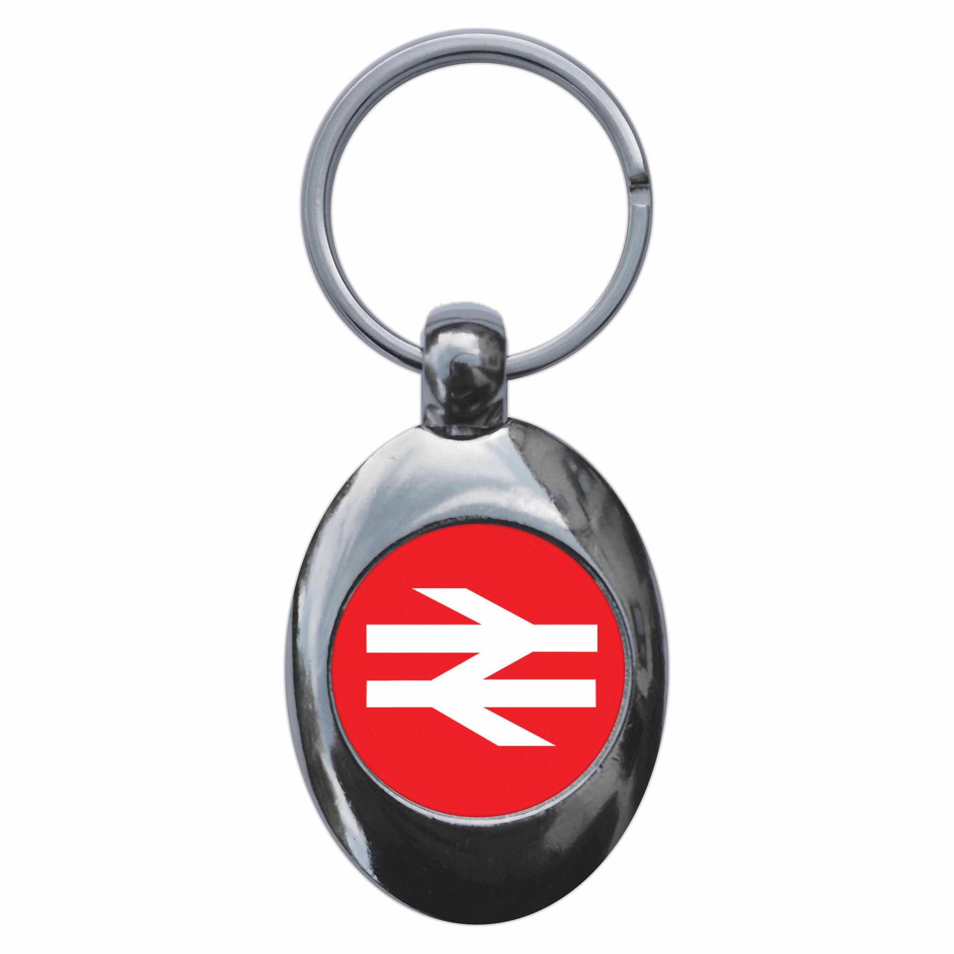 A picture of the front of the product, titled British Rail Railways Retro Red Logo Metal Keyring With Trolley Coin