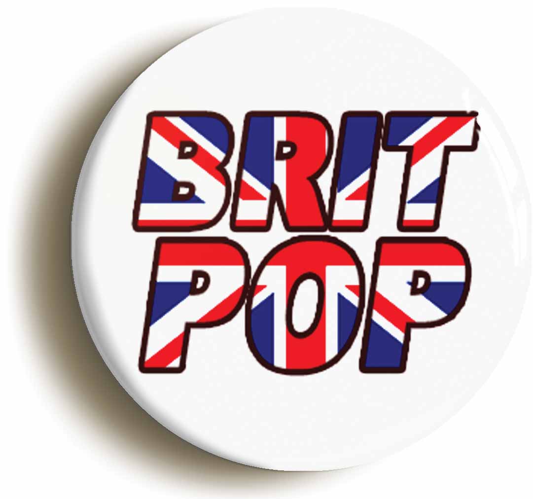 A picture of the front of the product, titled Brit Pop Nineties Retro Button Pin Badge