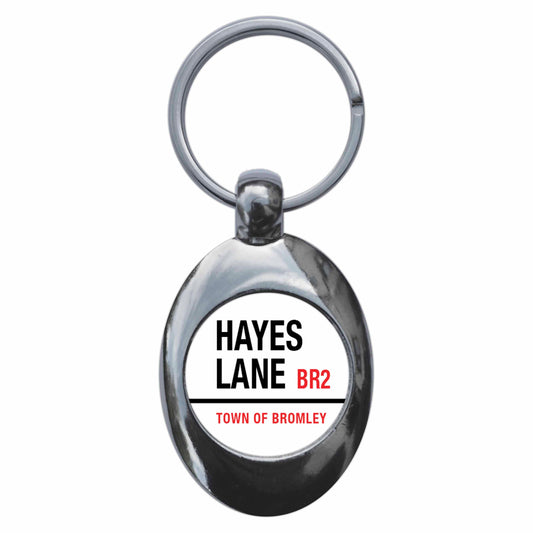 A picture of the front of the product, titled Hayes Lane BR2 Bromley Road Sign Metal Keyring With Trolley Coin