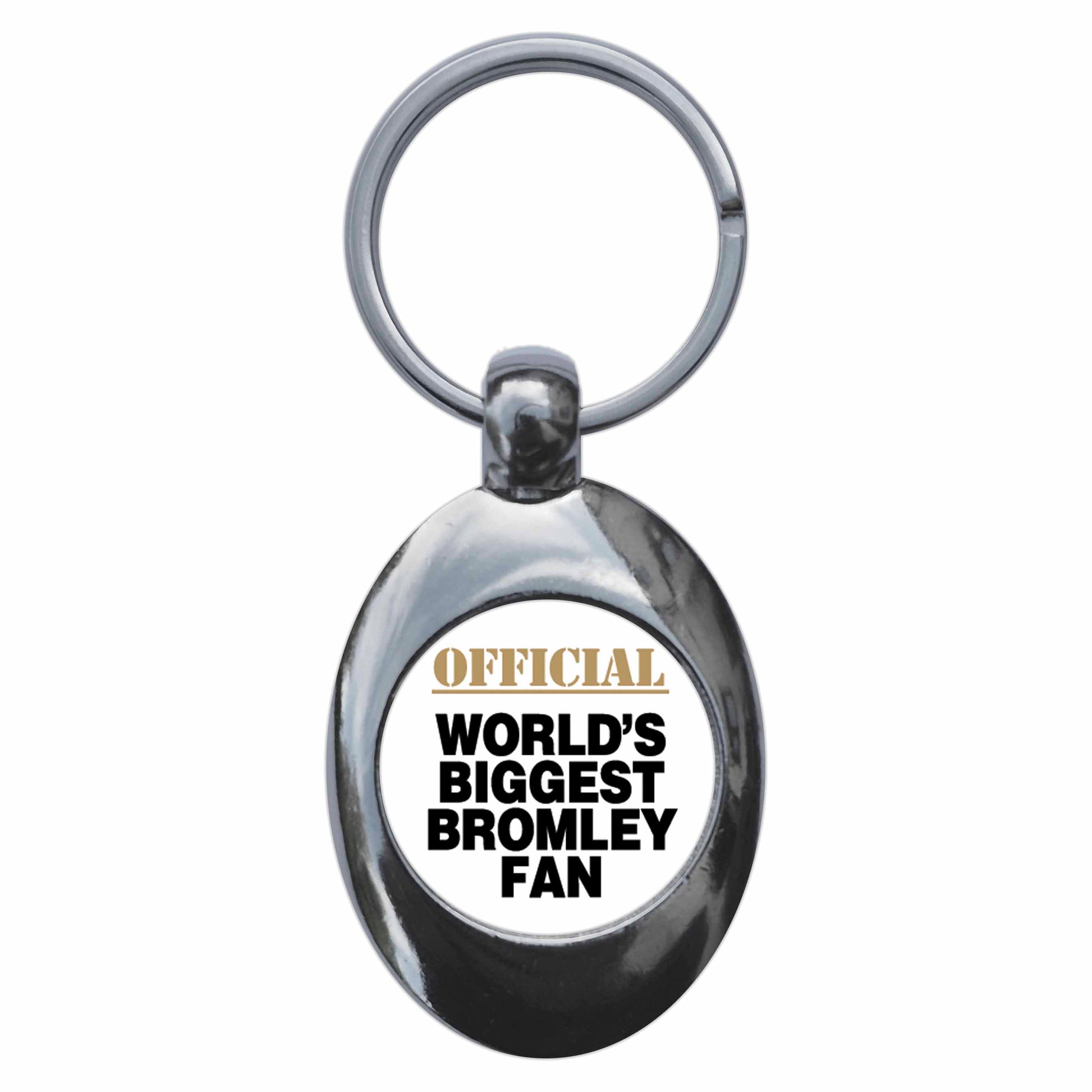 A picture of the front of the product, titled World's Biggest Bromley Fan Metal Keyring With Trolley Coin