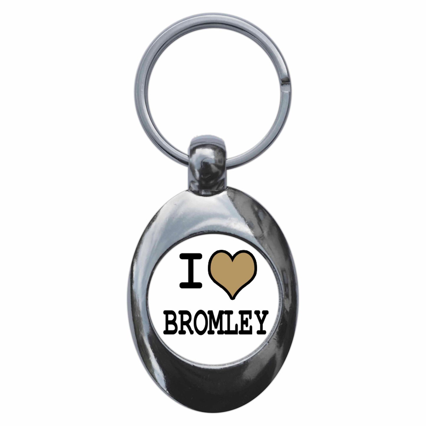 A picture of the front of the product, titled I Heart Love Bromley Metal Keyring With Trolley Coin