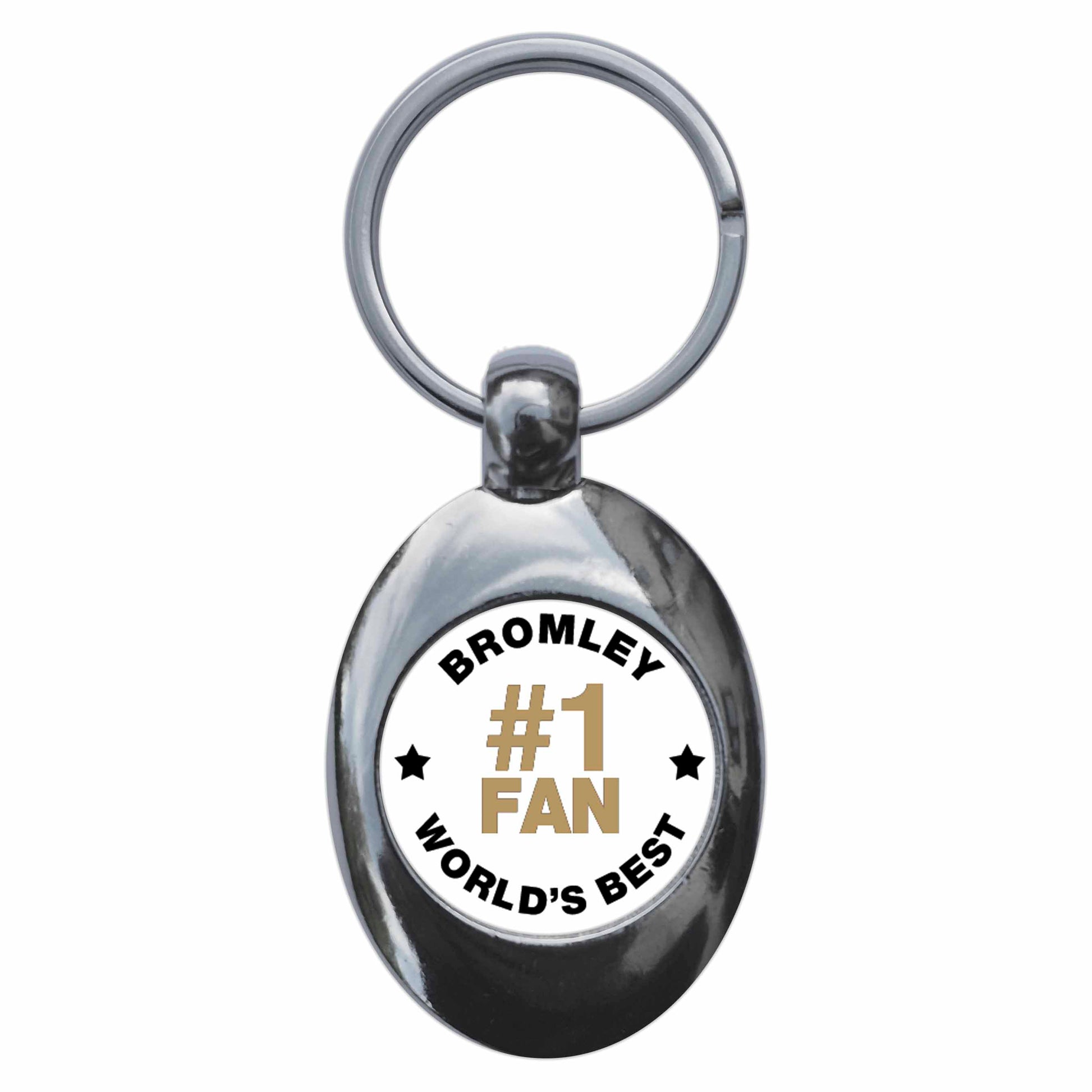 A picture of the front of the product, titled Bromley #1 Fan Metal Keyring With Trolley Coin