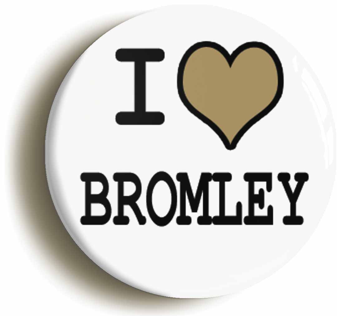 A picture of the front of the product, titled I Heart Love Bromley Circular 50mm Fridge Magnet