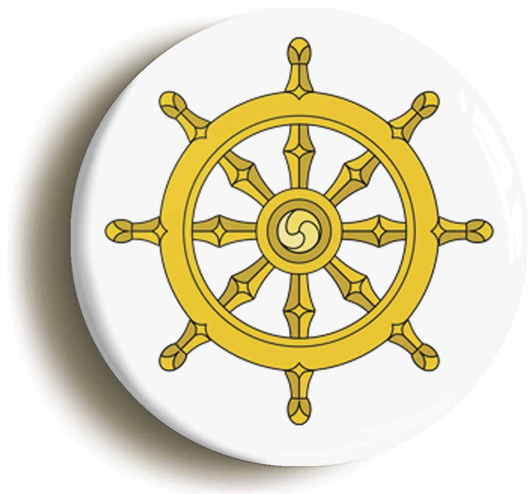 A picture of the front of the product, titled Buddist Wheel Of Dharma Circular 50mm Fridge Magnet