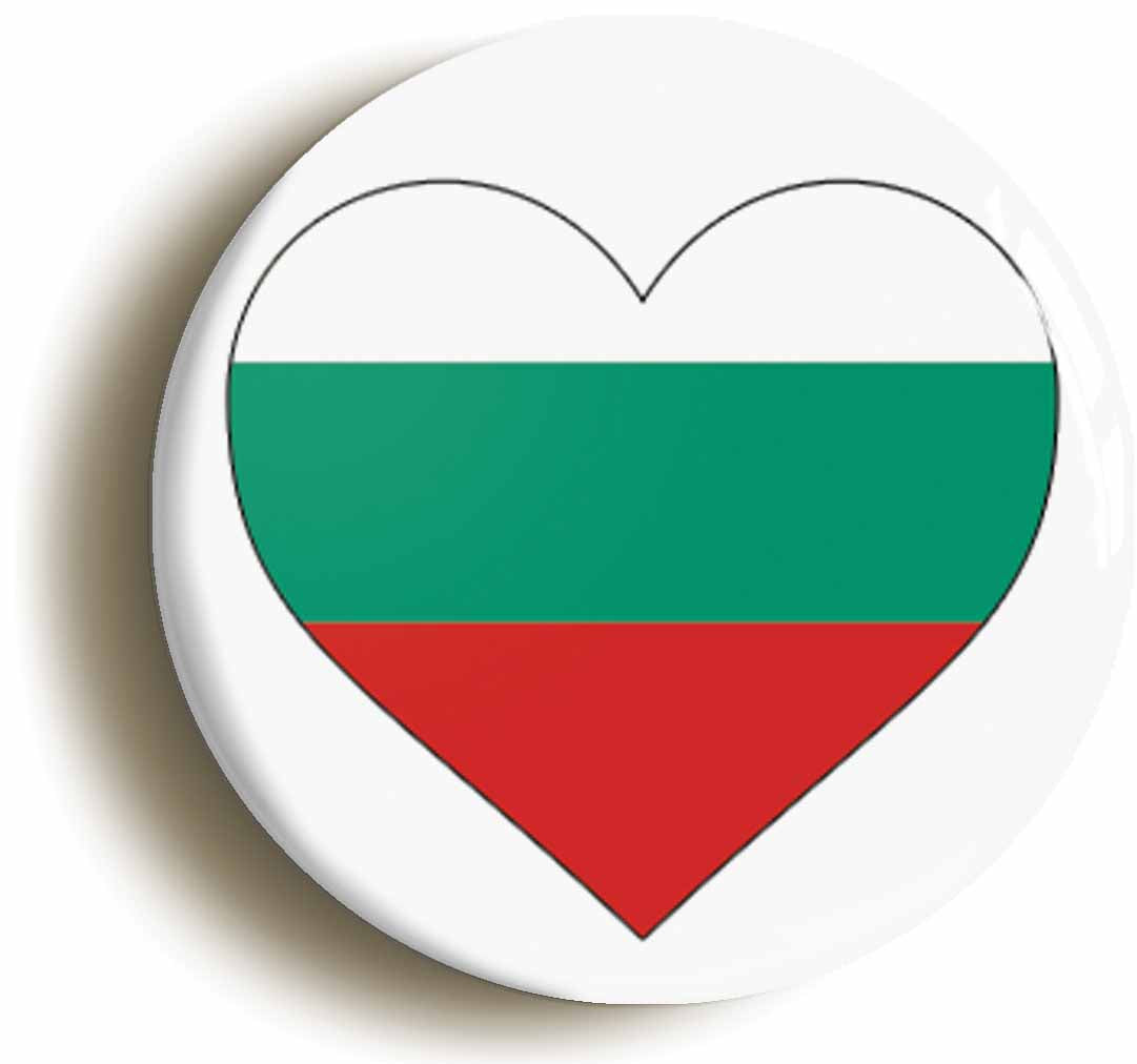 A picture of the front of the product, titled Bulgaria Bulgarian National Flag Heart Button Pin Badge