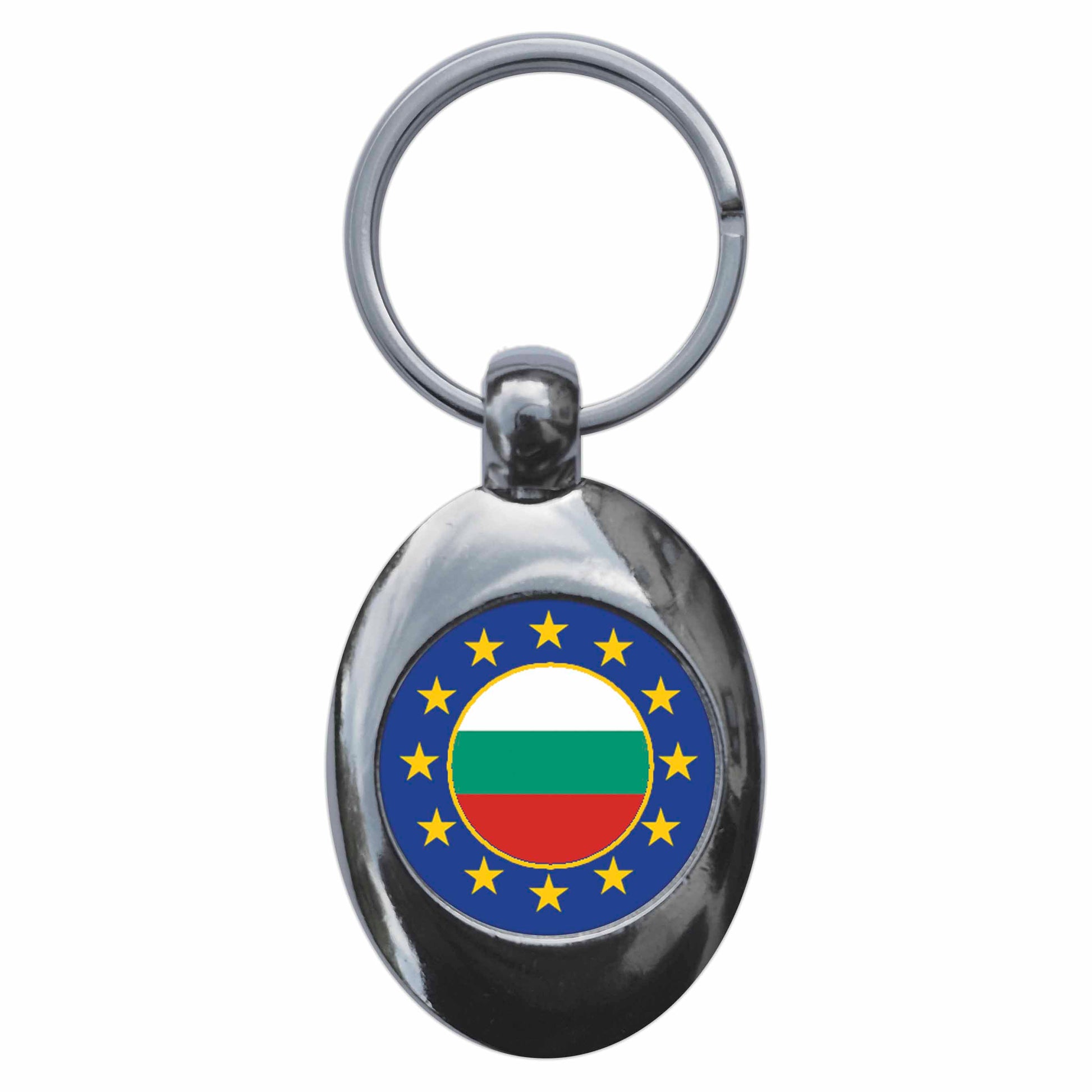 A picture of the front of the product, titled Bulgaria European Union Split Flag Metal Keyring With Trolley Coin