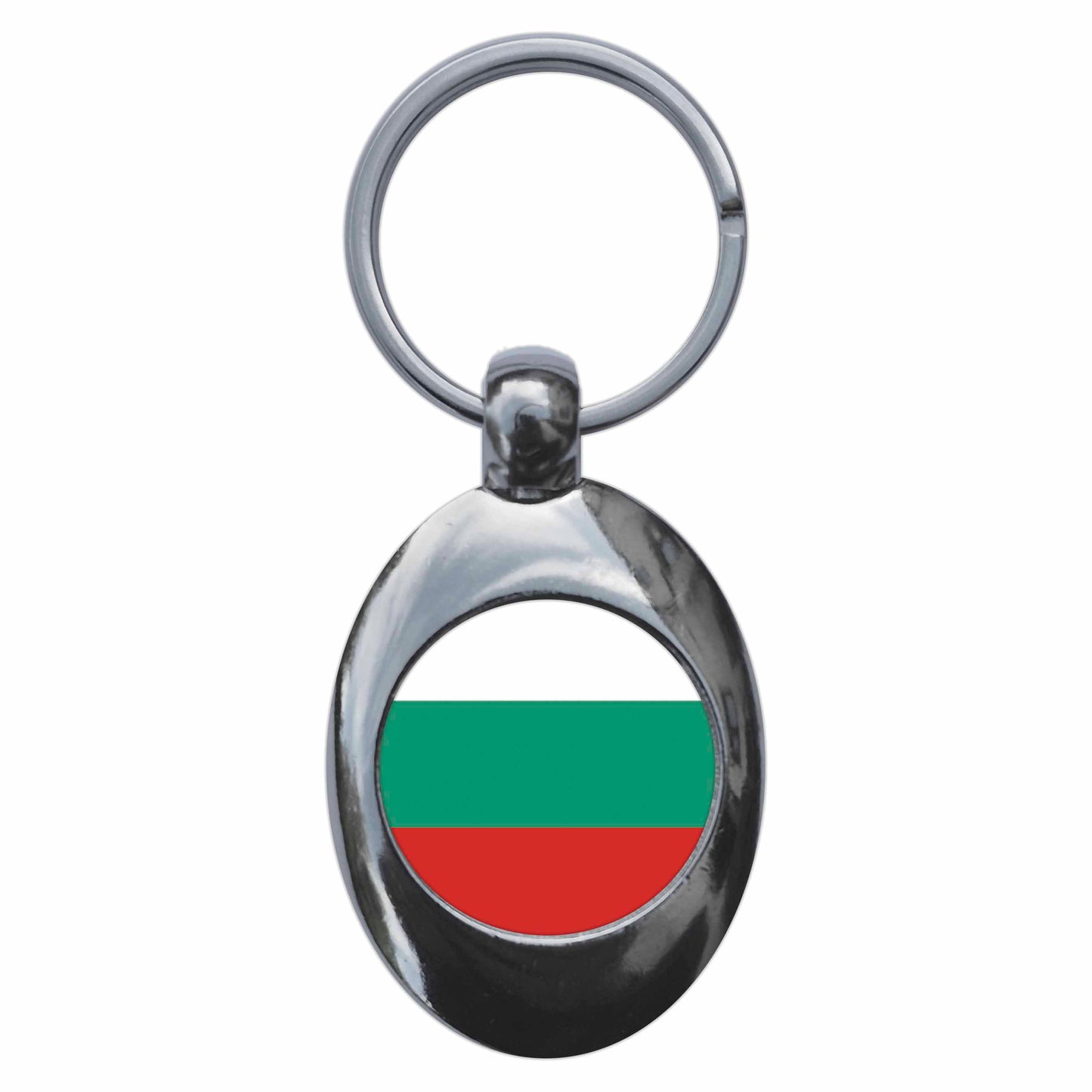 A picture of the front of the product, titled Bulgaria Bulgarian National Flag Metal Keyring With Trolley Coin