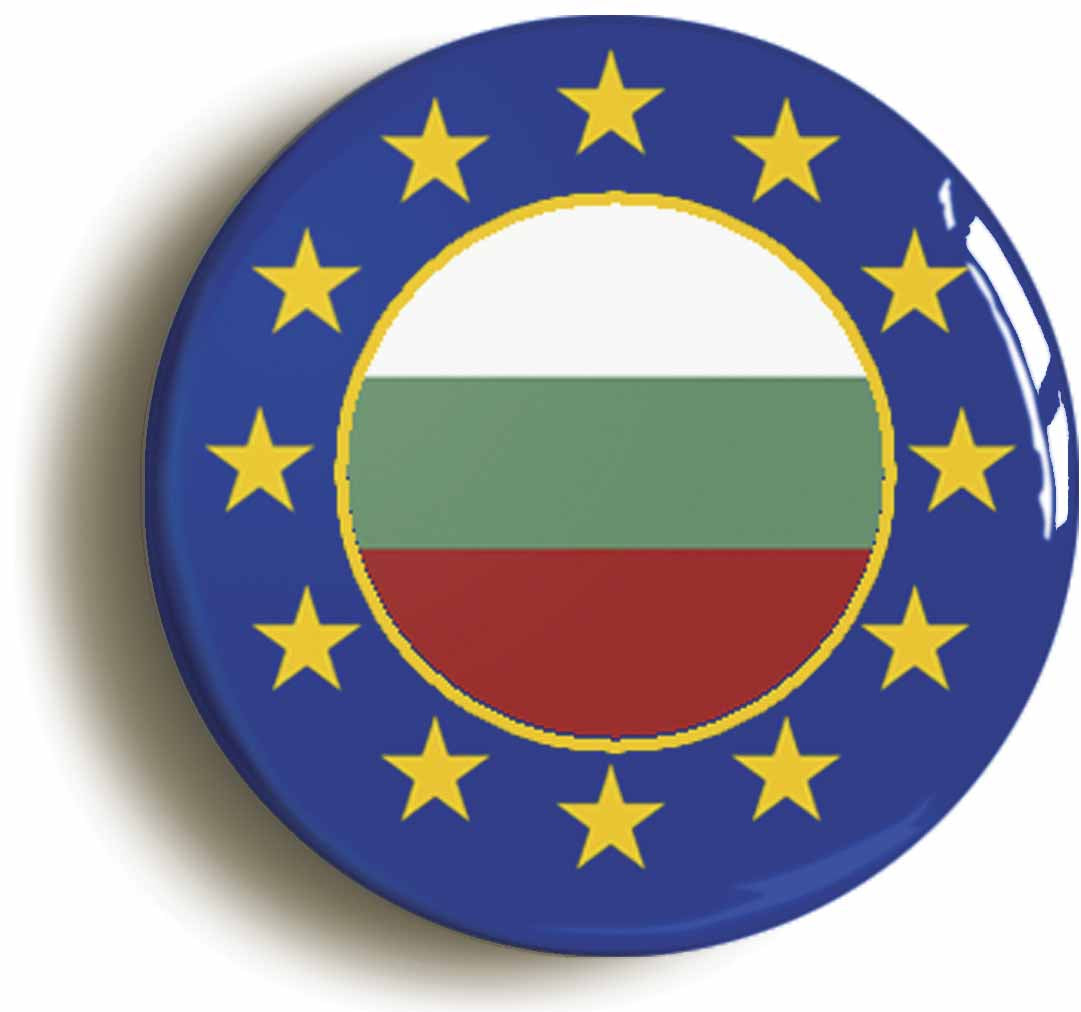 A picture of the front of the product, titled Bulgaria European Union Split Flag Button Pin Badge