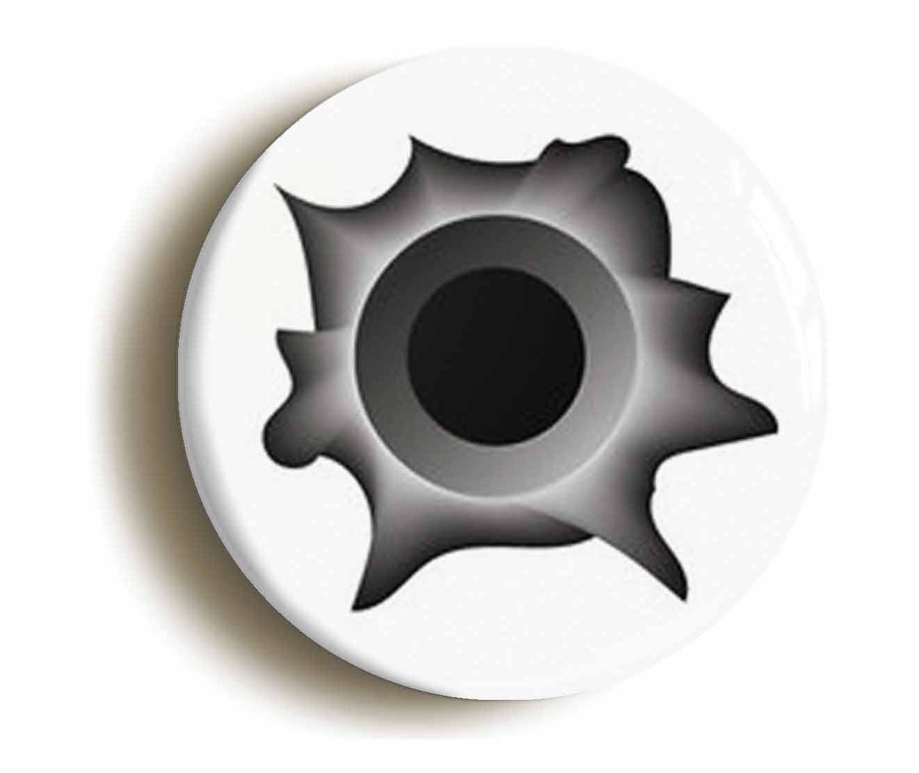 A picture of the front of the product, titled Bullet Hole Circular 50mm Fridge Magnet
