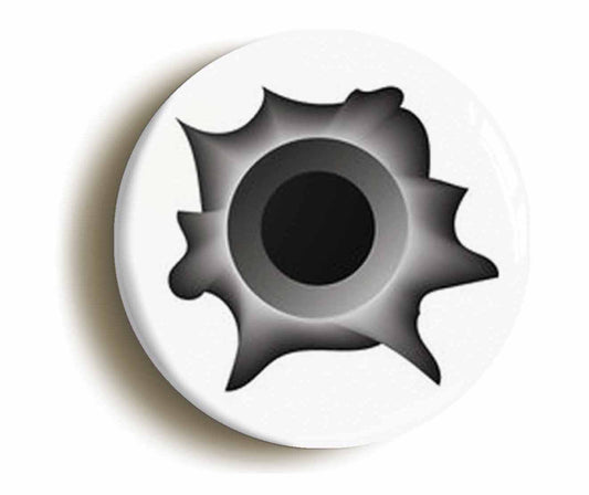 A picture of the front of the product, titled Bullet Hole Circular 50mm Fridge Magnet