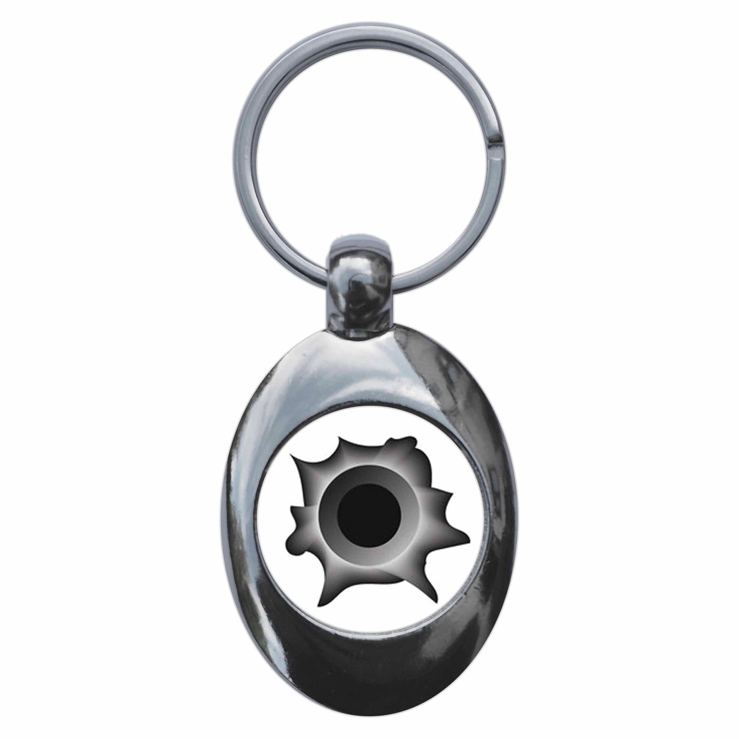 A picture of the front of the product, titled Bullet Hole Metal Keyring With Trolley Coin