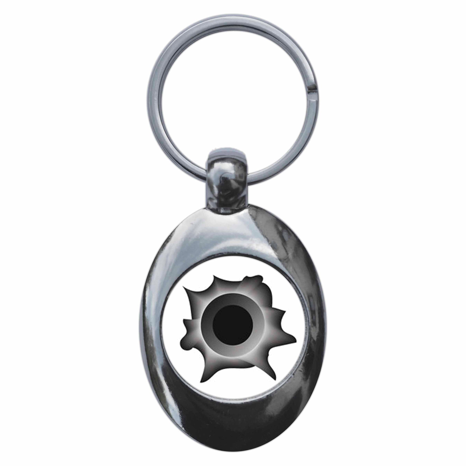 A picture of the front of the product, titled Bullet Hole Metal Keyring With Trolley Coin