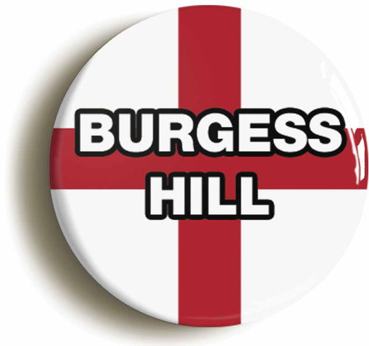 A picture of the front of the product, titled Burgess Hill England Flag Button Pin Badge