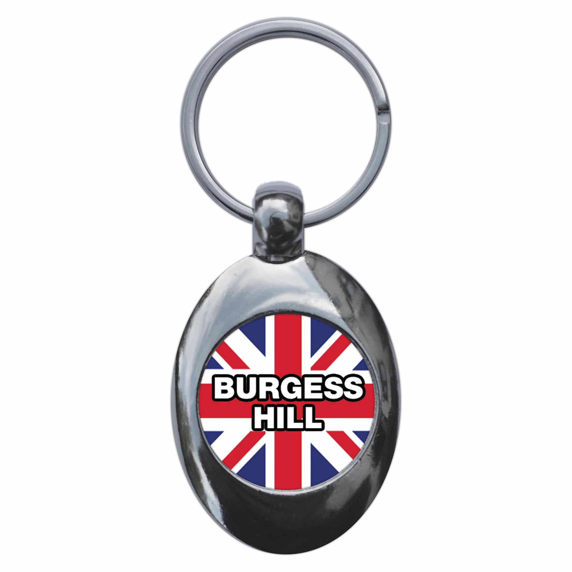 A picture of the front of the product, titled Burgess Hill Union Jack Metal Keyring With Trolley Coin