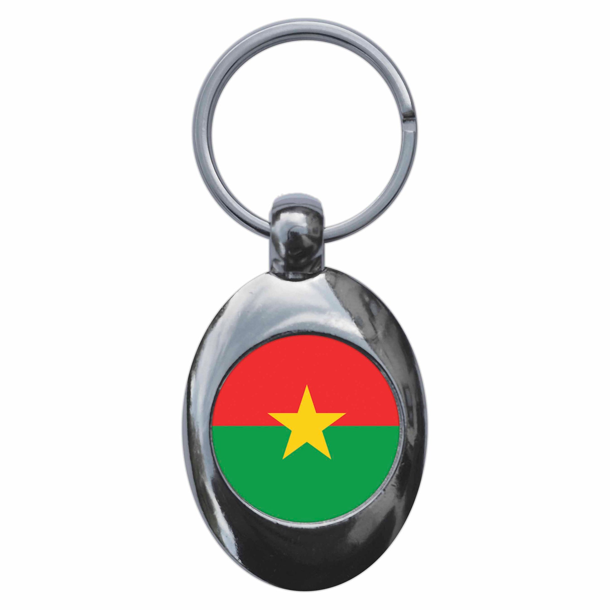 A picture of the front of the product, titled Burkina Faso Burkinabe National Flag Metal Keyring With Trolley Coin