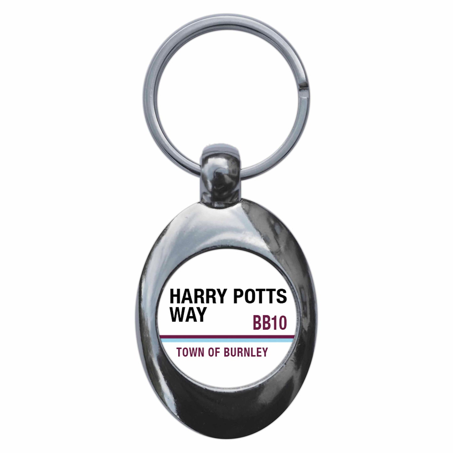 A picture of the front of the product, titled Harry Potts Way BB10 Burnley Road Sign Metal Keyring With Trolley Coin
