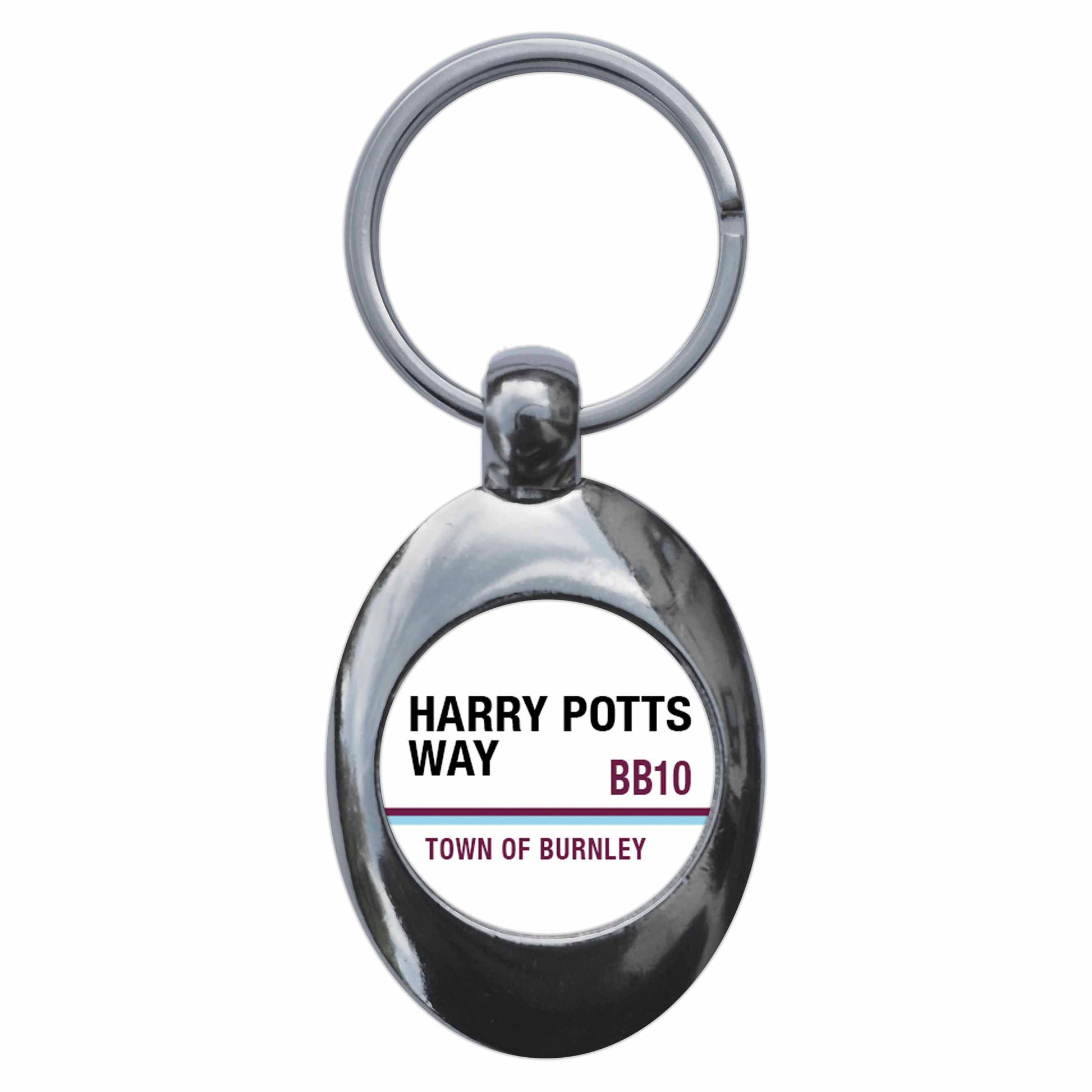 A picture of the front of the product, titled Harry Potts Way BB10 Burnley Road Sign Metal Keyring With Trolley Coin