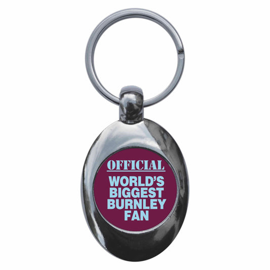A picture of the front of the product, titled World's Biggest Burnley Fan Metal Keyring With Trolley Coin