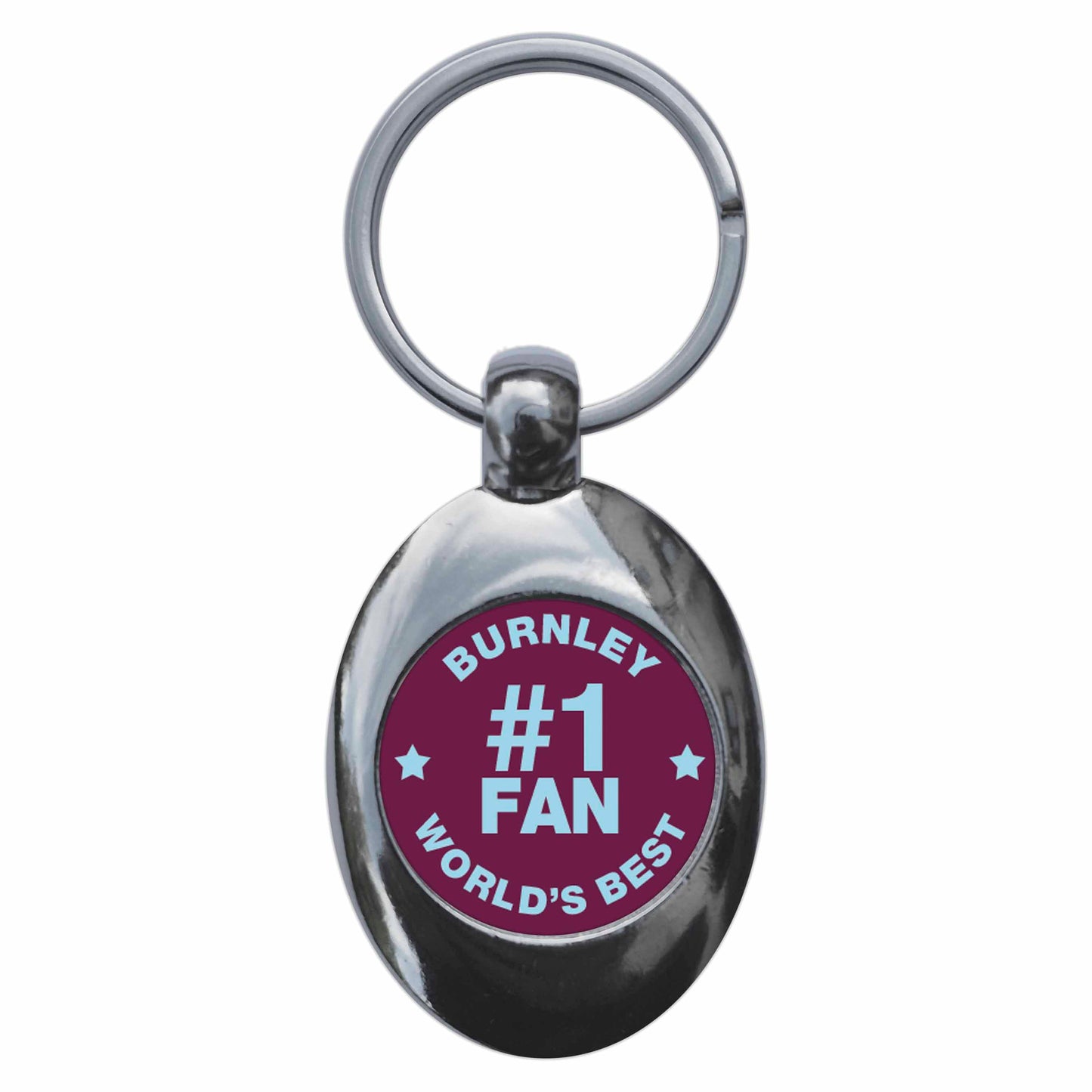 A picture of the front of the product, titled Burnley #1 Fan Metal Keyring With Trolley Coin
