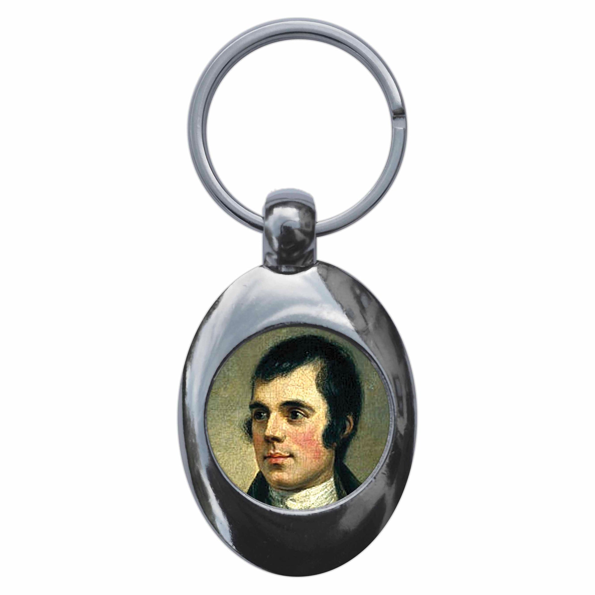 A picture of the front of the product, titled Robert Burns Portrait Metal Keyring With Trolley Coin