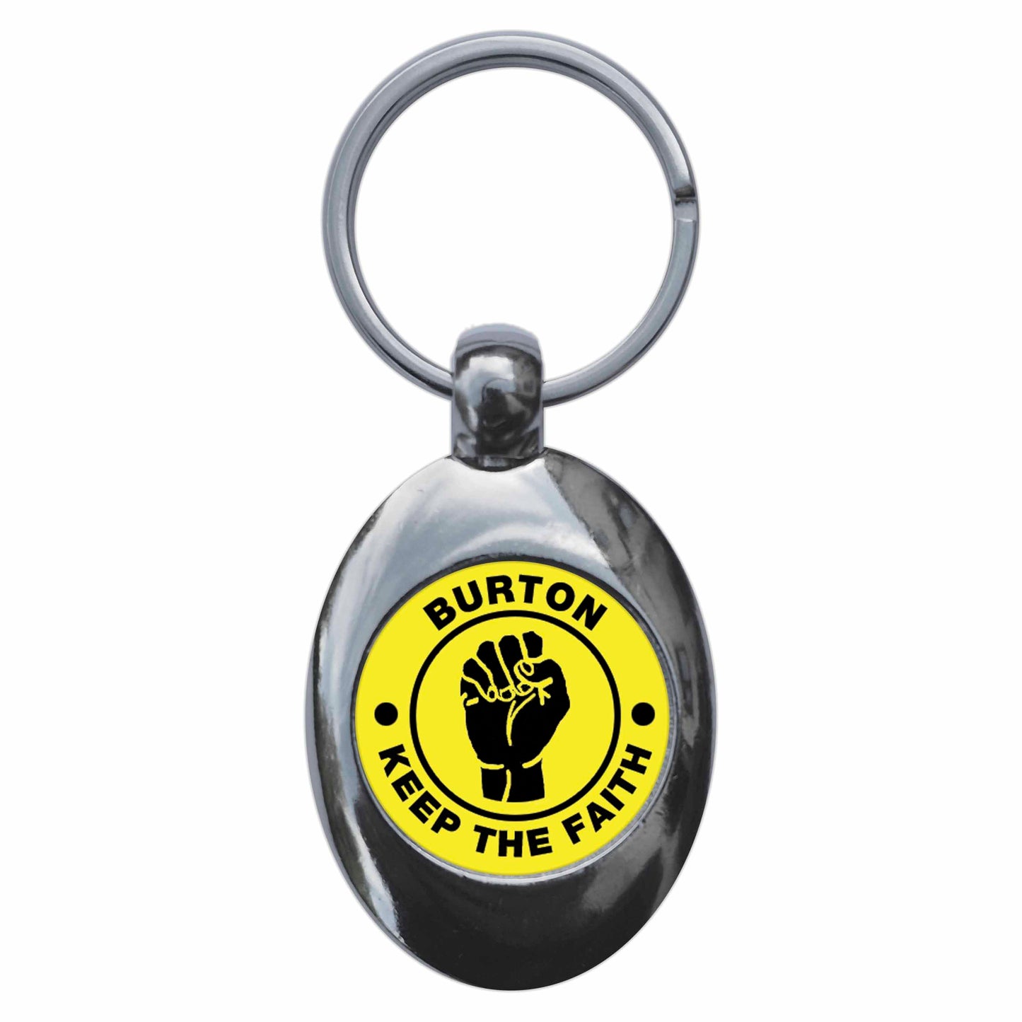 A picture of the front of the product, titled Burton Keep The Faith Northern Soul Metal Keyring With Trolley Coin