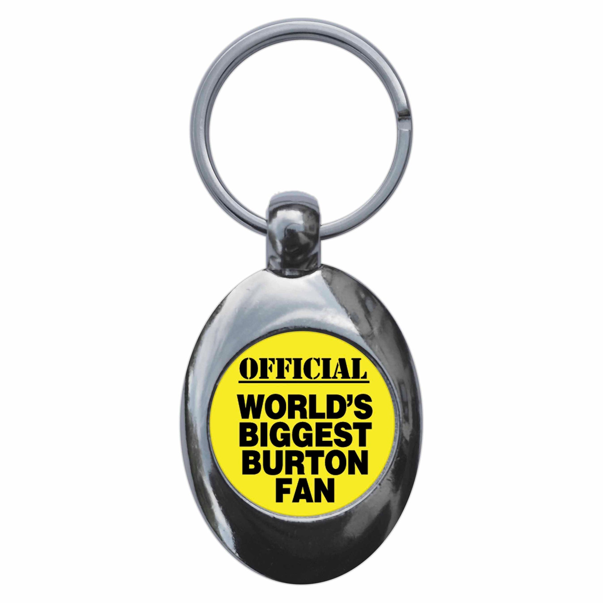 A picture of the front of the product, titled World's Biggest Burton Fan Metal Keyring With Trolley Coin