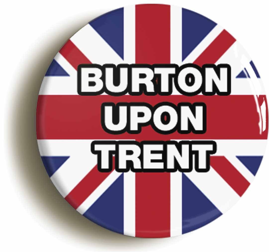 A picture of the front of the product, titled Burton Upon Trent Union Jack Button Pin Badge