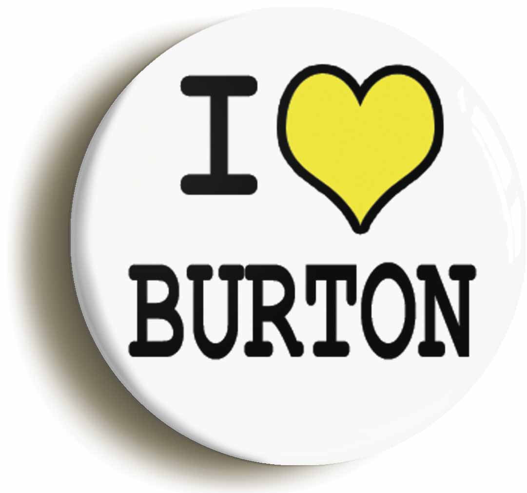 A picture of the front of the product, titled I Heart Love Burton Button Pin Badge