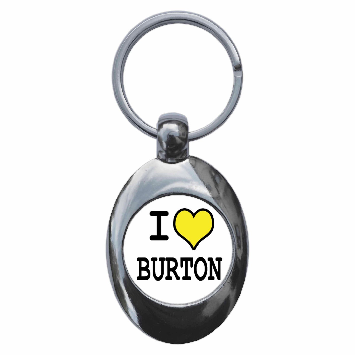 A picture of the front of the product, titled I Heart Love Burton Metal Keyring With Trolley Coin