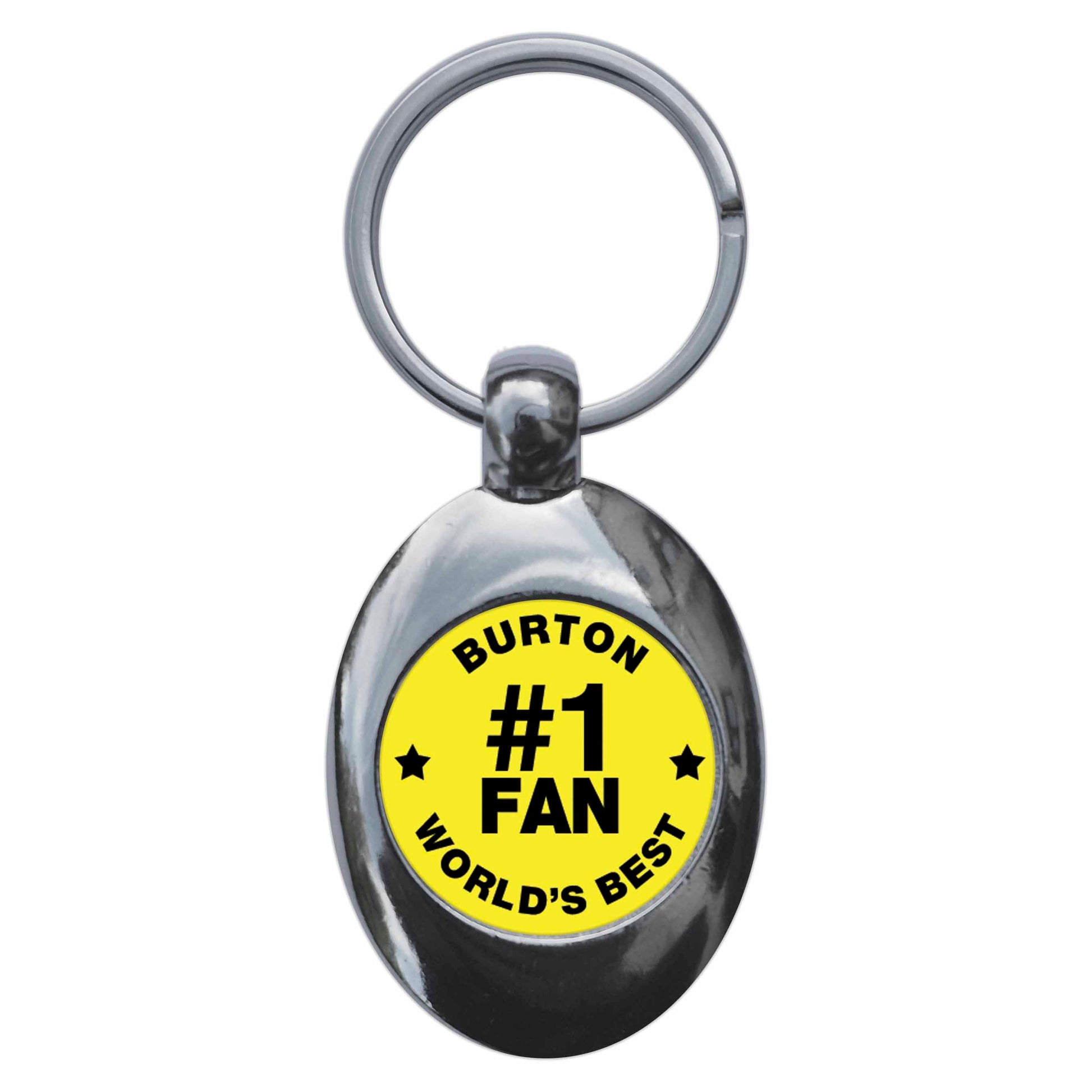 A picture of the front of the product, titled Burton #1 Fan Metal Keyring With Trolley Coin