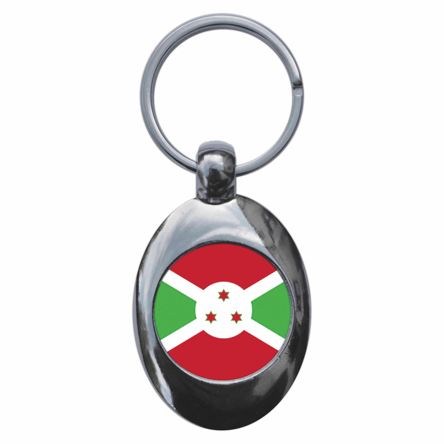 A picture of the front of the product, titled Burundi Burundian National Flag Metal Keyring With Trolley Coin