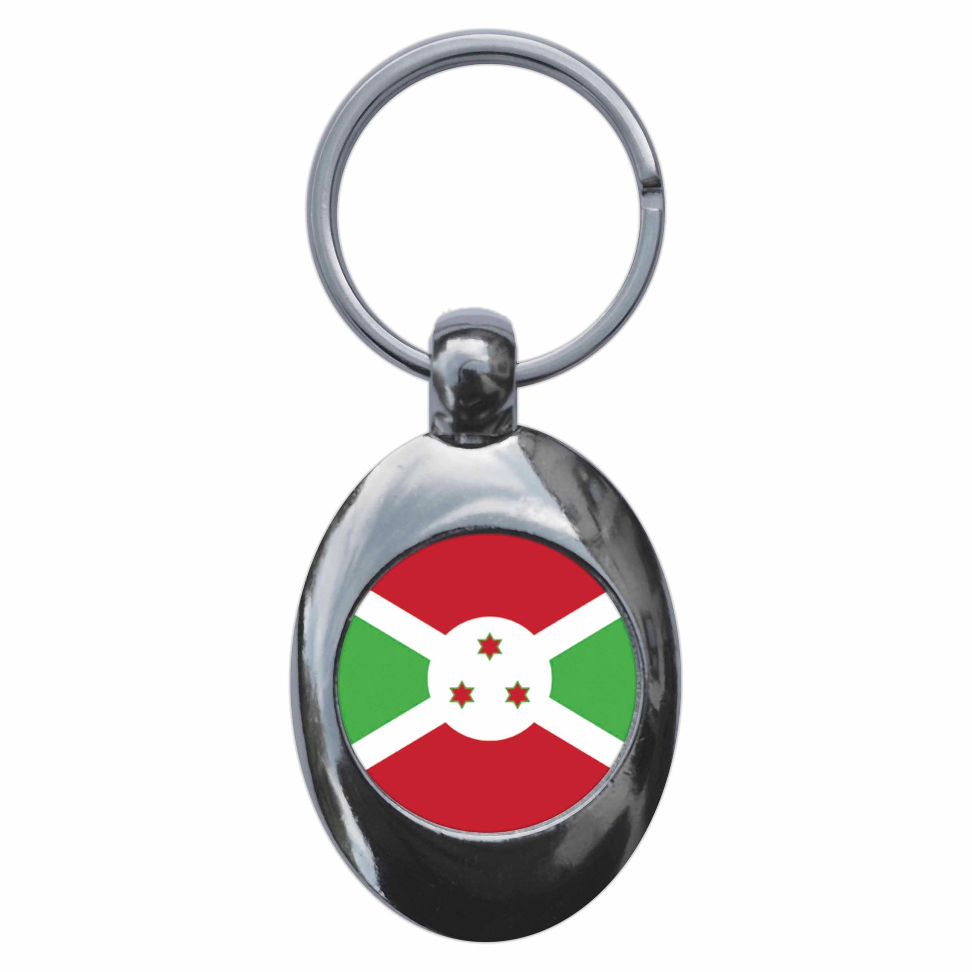 A picture of the front of the product, titled Burundi Burundian National Flag Metal Keyring With Trolley Coin