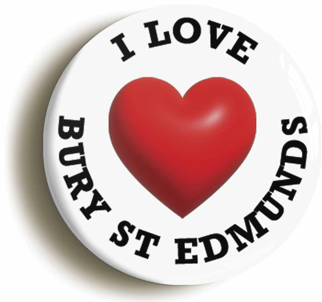 A picture of the front of the product, titled I Heart Love Bury St Edmunds Location Button Pin Badge