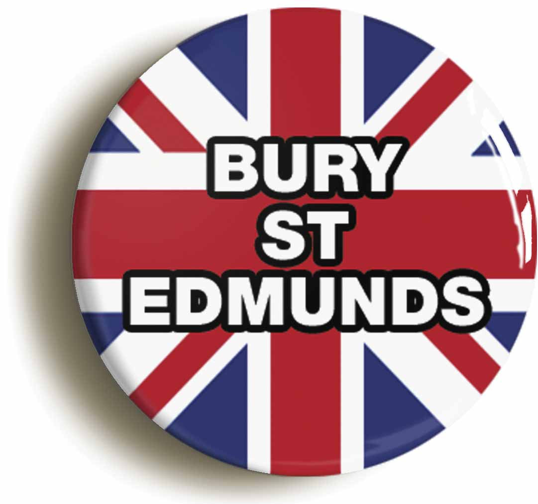 A picture of the front of the product, titled Bury St Edmunds Union Jack Button Pin Badge