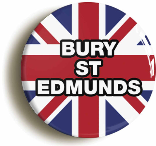 A picture of the front of the product, titled Bury St Edmunds Union Jack Button Pin Badge