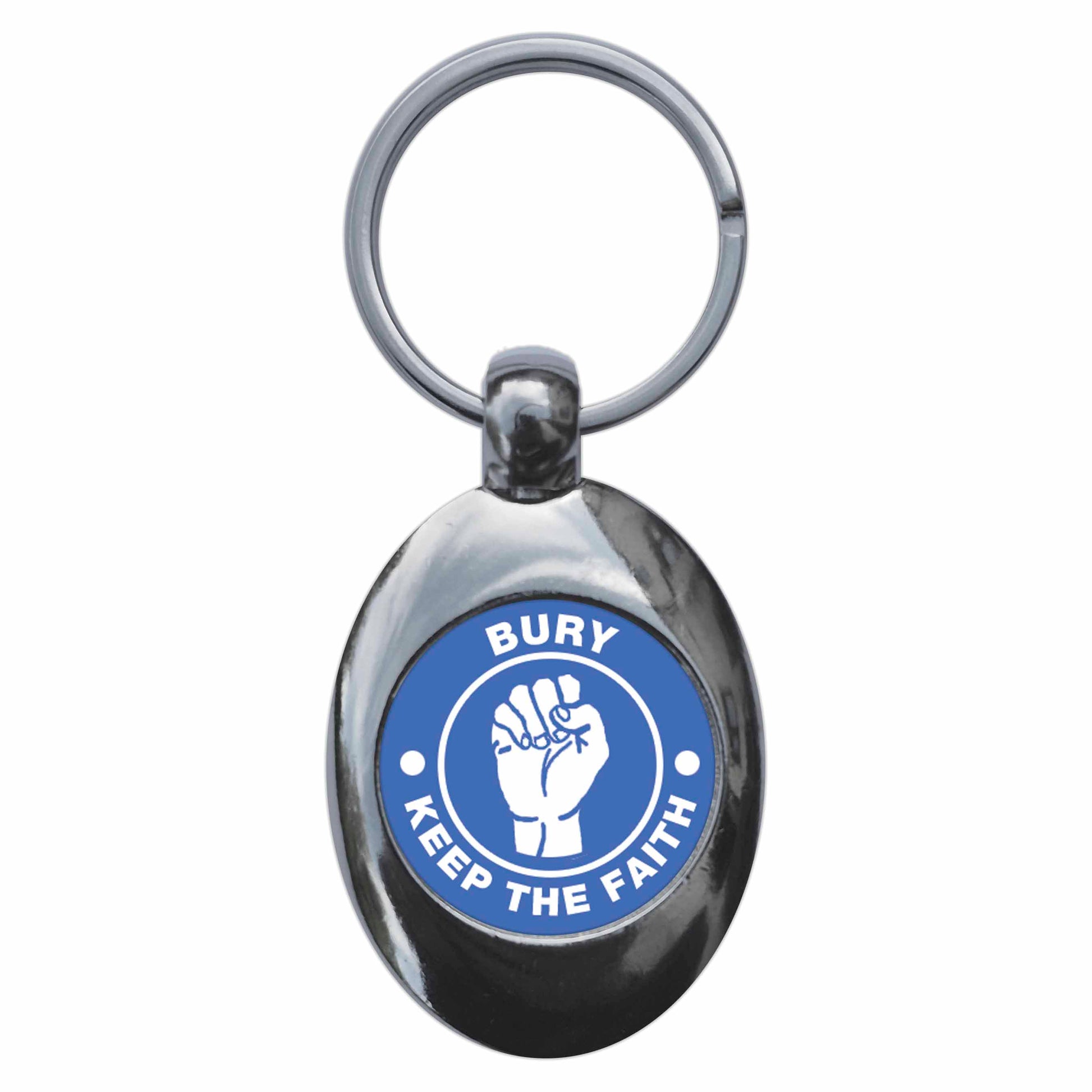 A picture of the front of the product, titled Bury Keep The Faith Northern Soul Metal Keyring With Trolley Coin