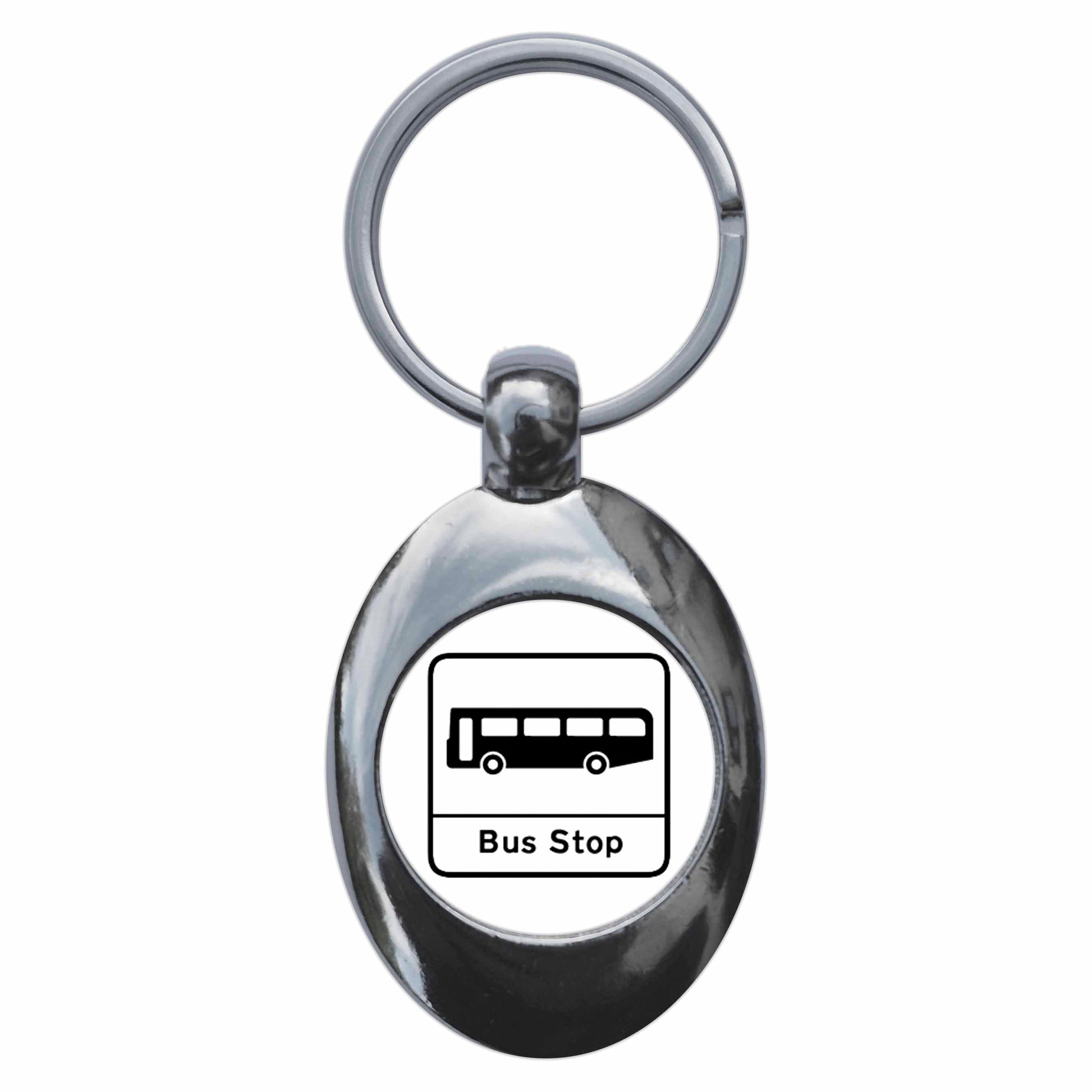 A picture of the front of the product, titled Bus Stop Metal Keyring With Trolley Coin