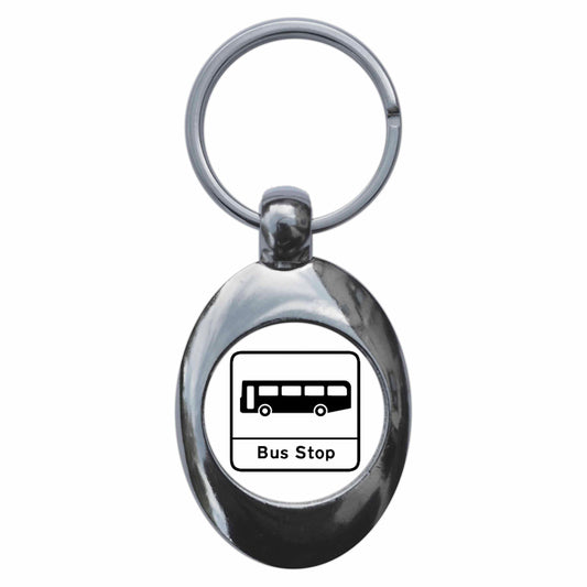 A picture of the front of the product, titled Bus Stop Metal Keyring With Trolley Coin