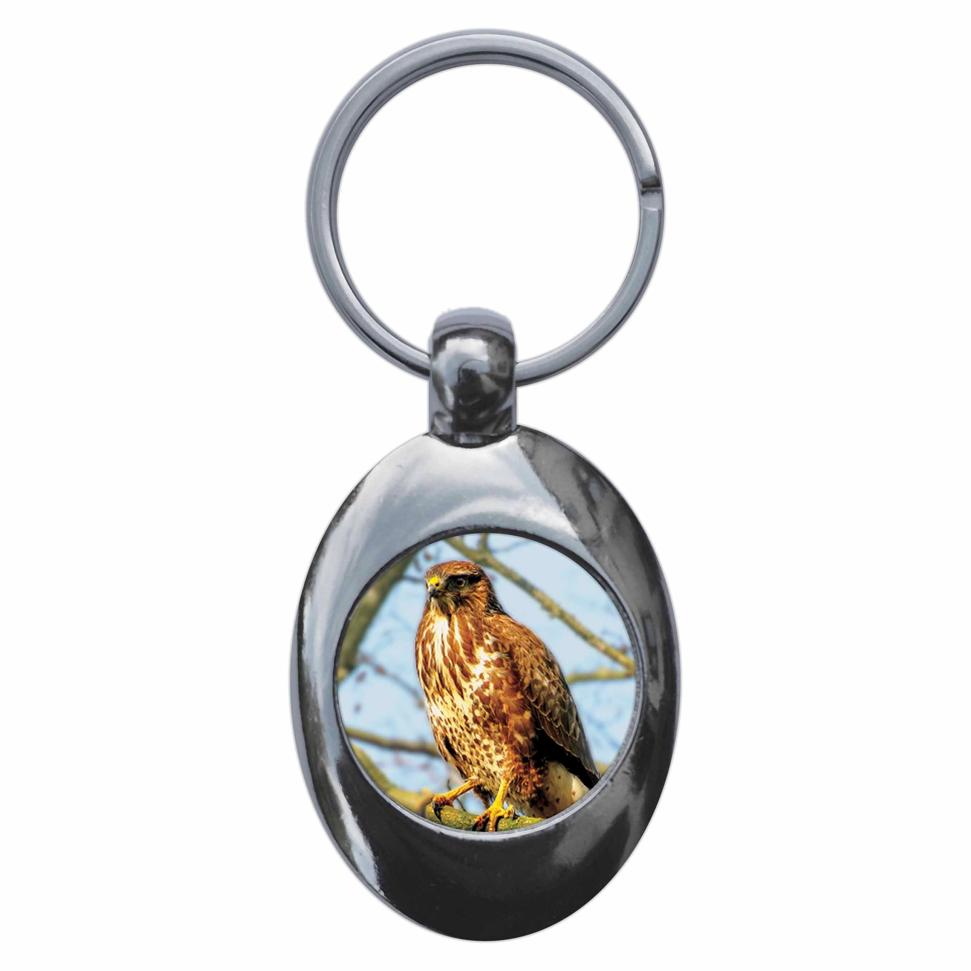 A picture of the front of the product, titled Buzzard Metal Keyring With Trolley Coin